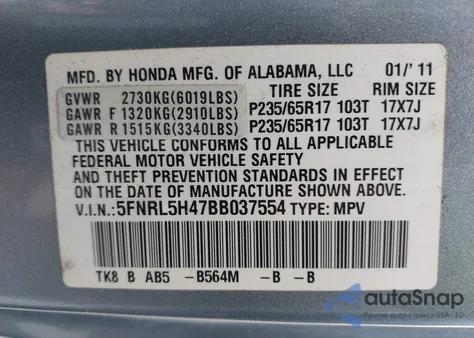 2011 Honda Odyssey Ex from USA, damaged, VIN 5FNRL5H47BB037554